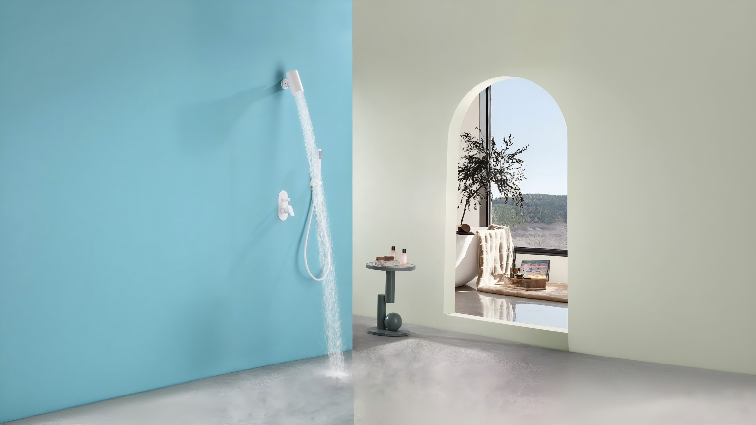 HomeShow Meng Series white shower set, installed on light blue wall, soft water flow, modern bathroom decor