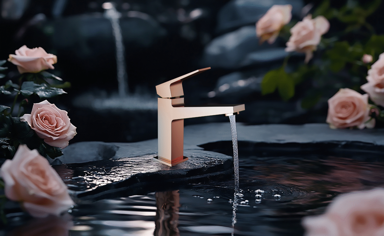 HomeShow Wild Series rose gold basin faucet, natural water feature setting, elegant design, soft water flow