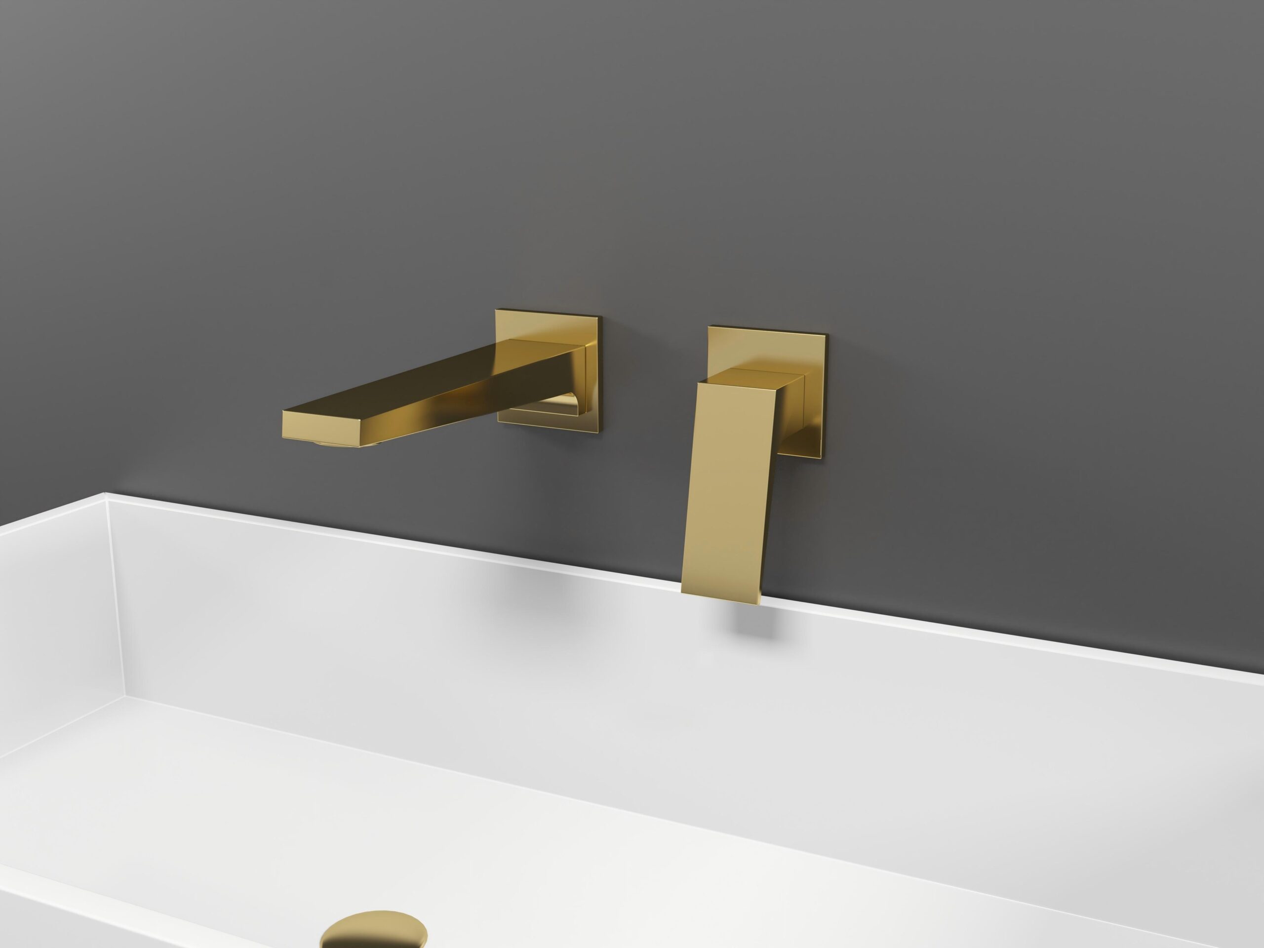 HomeShow Wild Series gold wall-mounted basin faucet, dark grey wall, minimalist design, luxury bathroom decor