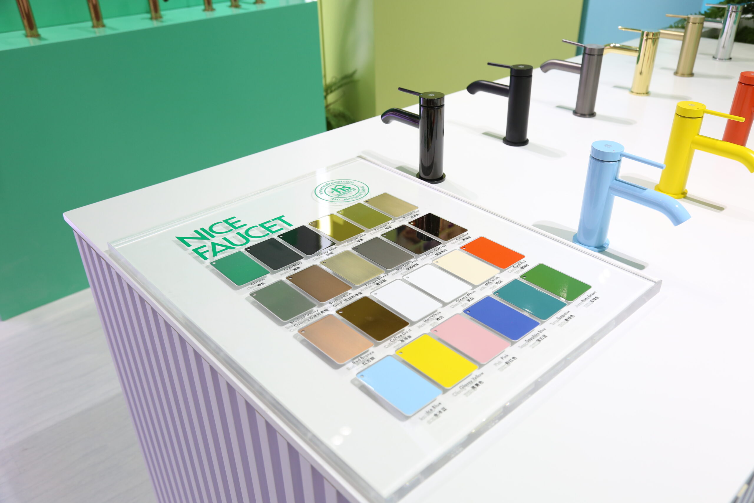 12+ color options faucets --displayed on Nice sample board: PVD Champagne Gold, Nano-glazed Pink, Matte Moss Green. Pantone-certified finishes with anti-fingerprint tech. RGB color codes provided.